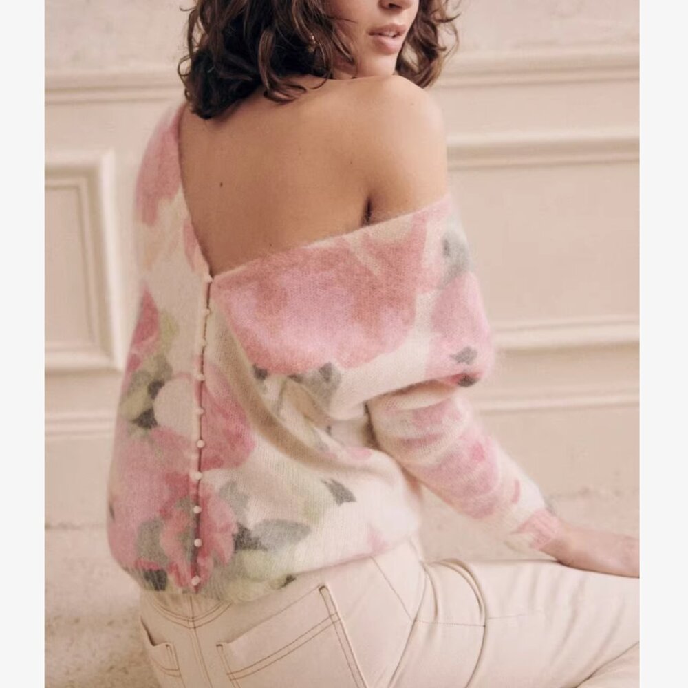 Sezane Lisette Cardigan Medium Pink Cream Floral Kid Mohair Sweater Knit French - Picture 3 of 15
